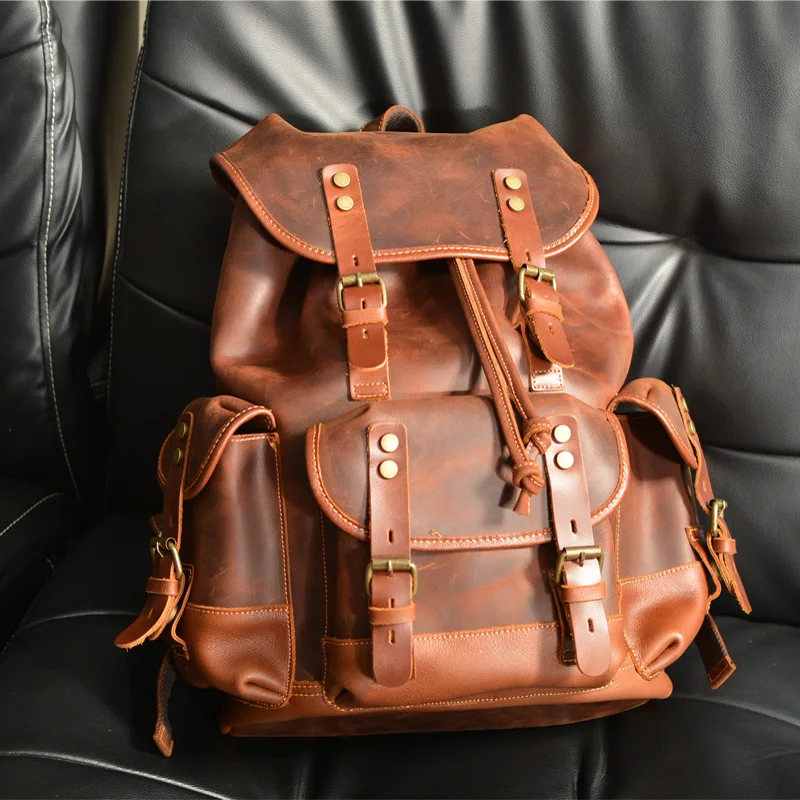 Horse Leather Backpack Retro Full-grain Leather Handmade Backpack Genuine Leather Casual Backpack