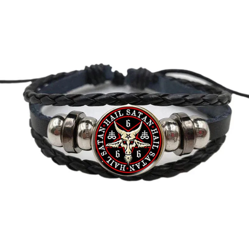 Black Classic Five-Pointed Star Bracelet Retro Goat Head Woven Leather Bracelet Men\'S Wristband Satan Demon Mysterious Jewelry