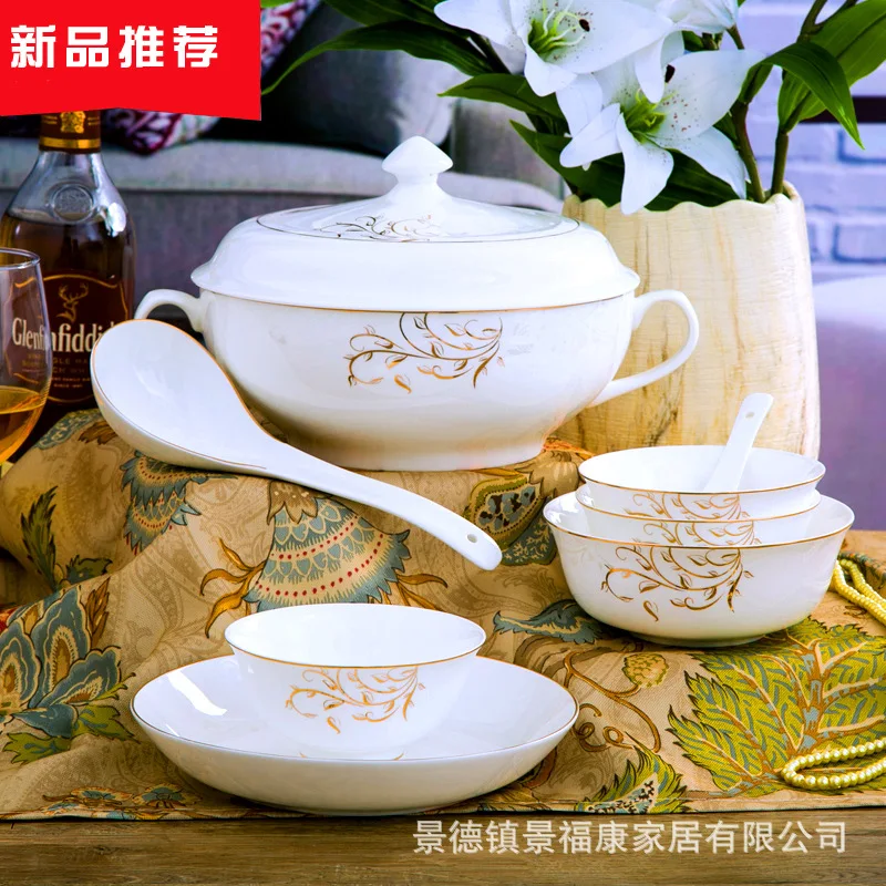 Wedding Guci bone china tableware set 56 pieces of ceramic bowl, dish, Spoon Set Gold depicting high grade European gift