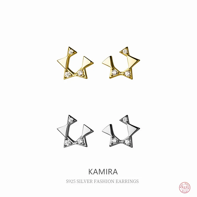 KAMIRA Real 925 Sterling Silver Geometric Unusual Small Star Stone Piercing Stud Earrings for Women Party Charm Jewelry Gift Ins