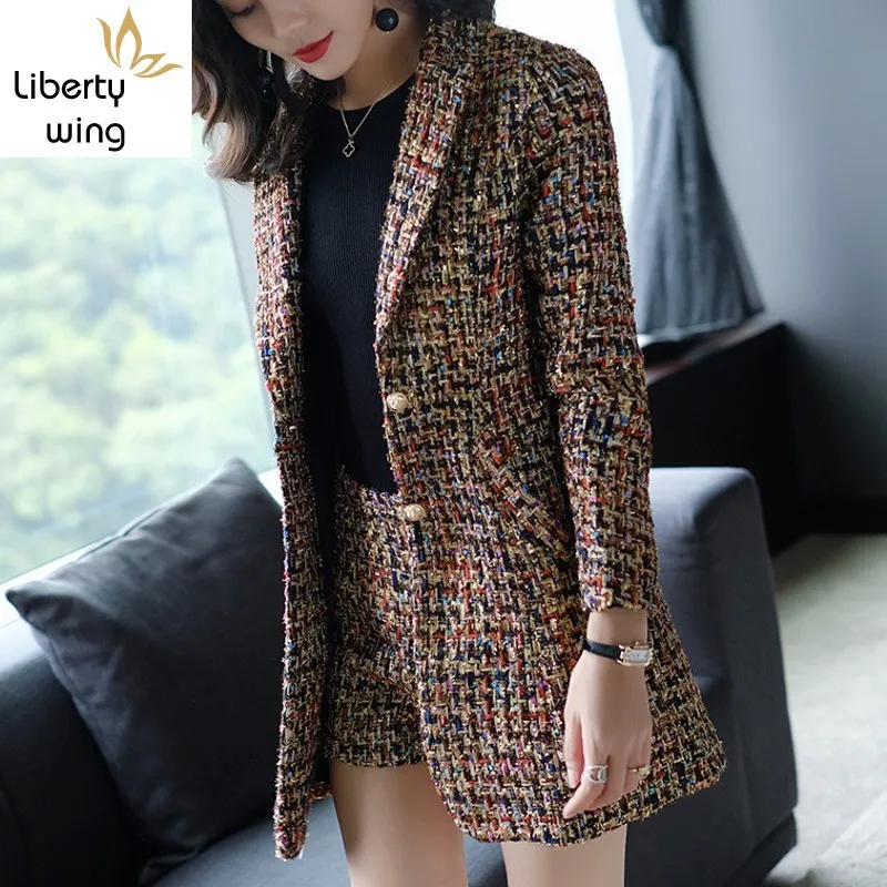 New Elegant Women Tweed Jacket Suits Spliced Twill Long Plaid Blazer Coat Shorts Outfits OL Office Work Formal Suit Sets