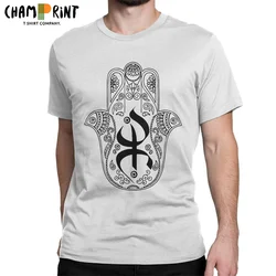 Men's T-Shirt Khamsa Amazigh Berber With Yaz Patterns 100% Cotton Tees Short Sleeve Symbol of Luck T Shirts Crewneck Tops