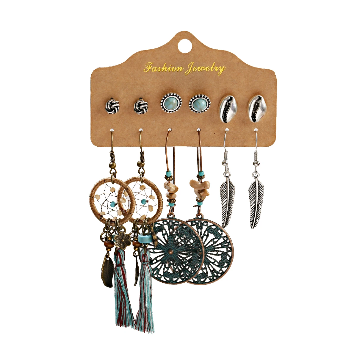 Vintage Round Dreamcatcher Beaded Earrings Set For Women Fashion Ethnic Boho Silver Color Alloy Earrings Jewelry