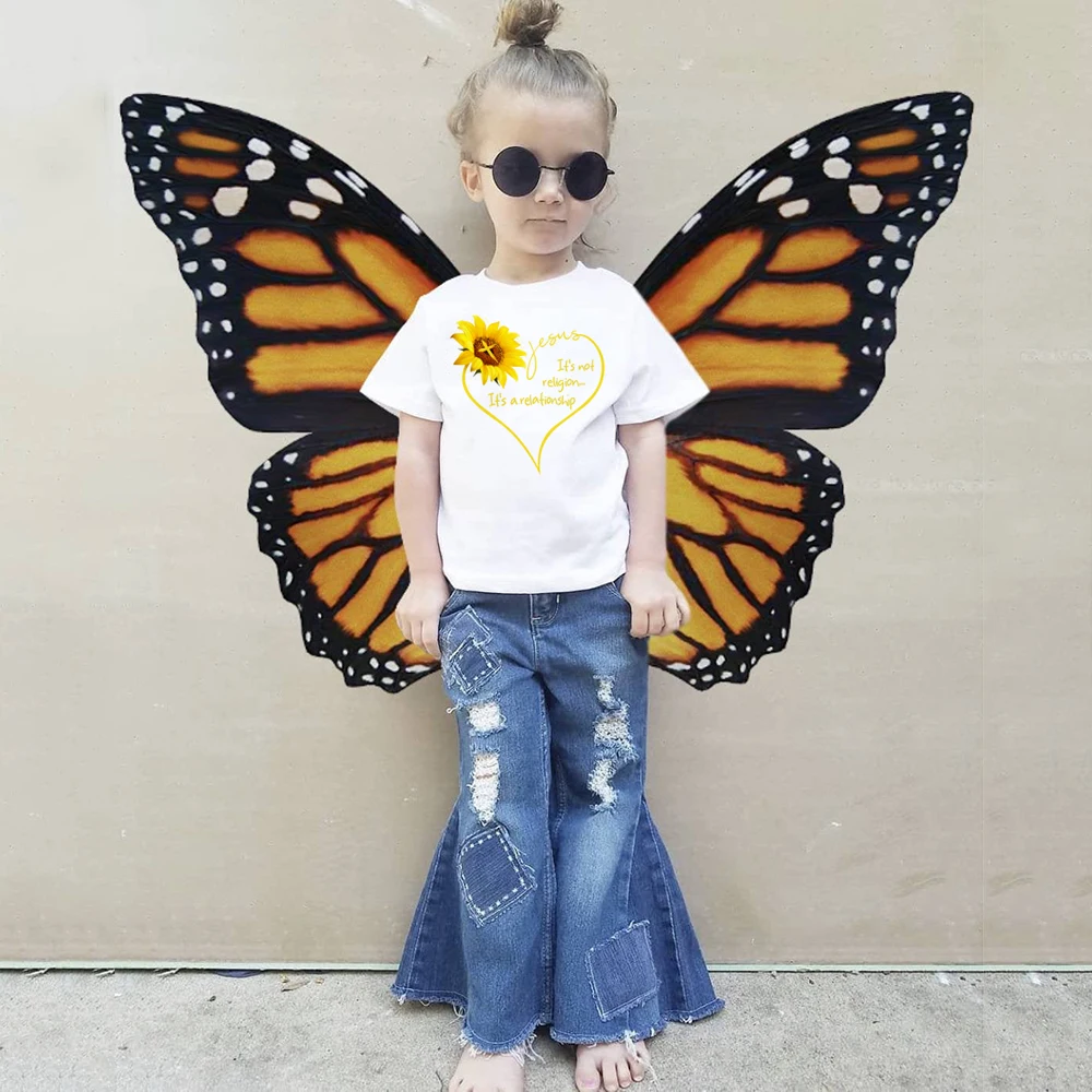 Sunflower and Jesus Peace Love Sunshine Girls Fashion T-shirts Kids Butterfly Print Tee Shirts Faith Tops Tee Shirt Drop Ship