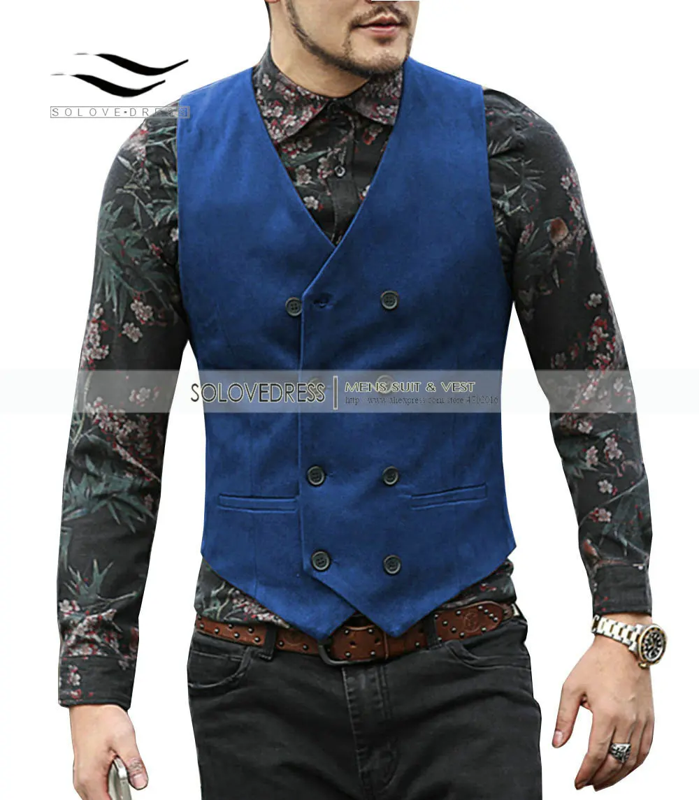 Chaleco de ante para hombre, traje informal con doble botonadura y cuello en V, chaqueta clásica/vintage/denim para padrinos de boda, marrón,