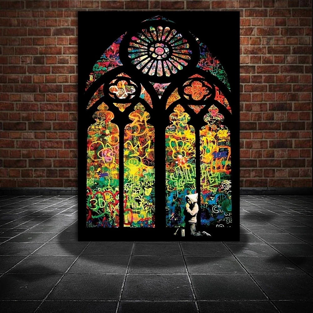 

Banksy Stained Glass Boy Praying Graffiti Art Canvas Paintings On the Wall Art Posters And Prints Street Art Pictures Home Decor