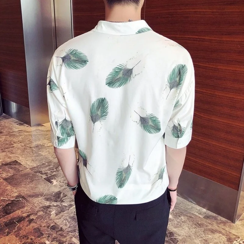 Floral Men Shirts Summer Thin V-Neck Short Sleeve Shirts Street Fashion Square Collar White Print Pullover Tops Male M-2XL