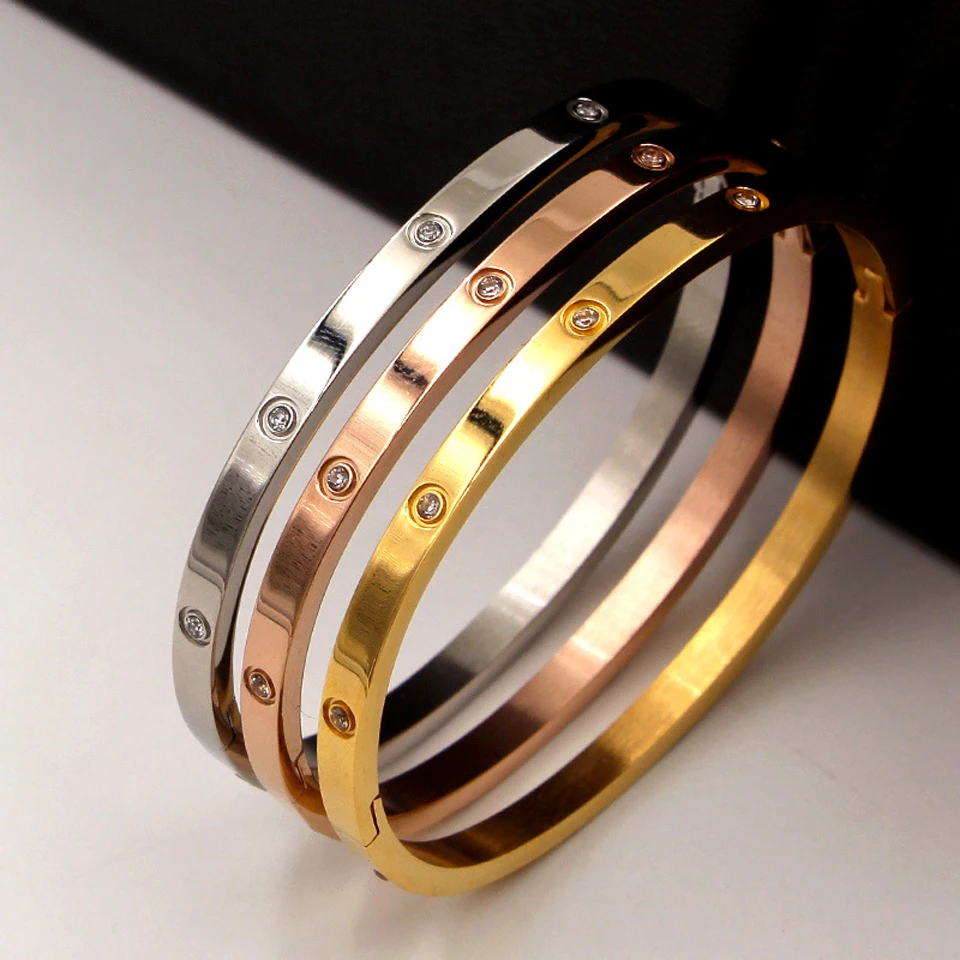 Beautiful Lovers Bracelets Woman Bracelets Stainless Steel Bangles and Bangles Inlay Cubic Zirconia Golden Woman Jewelry Gifts