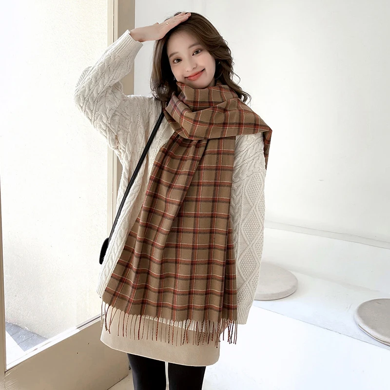 

Imitation Cashmere Fashion Women Plaid Print Winter Scarf Warm Knitted Sweet Casual Tassel Female Thick Blanket Long Wrap Shawl