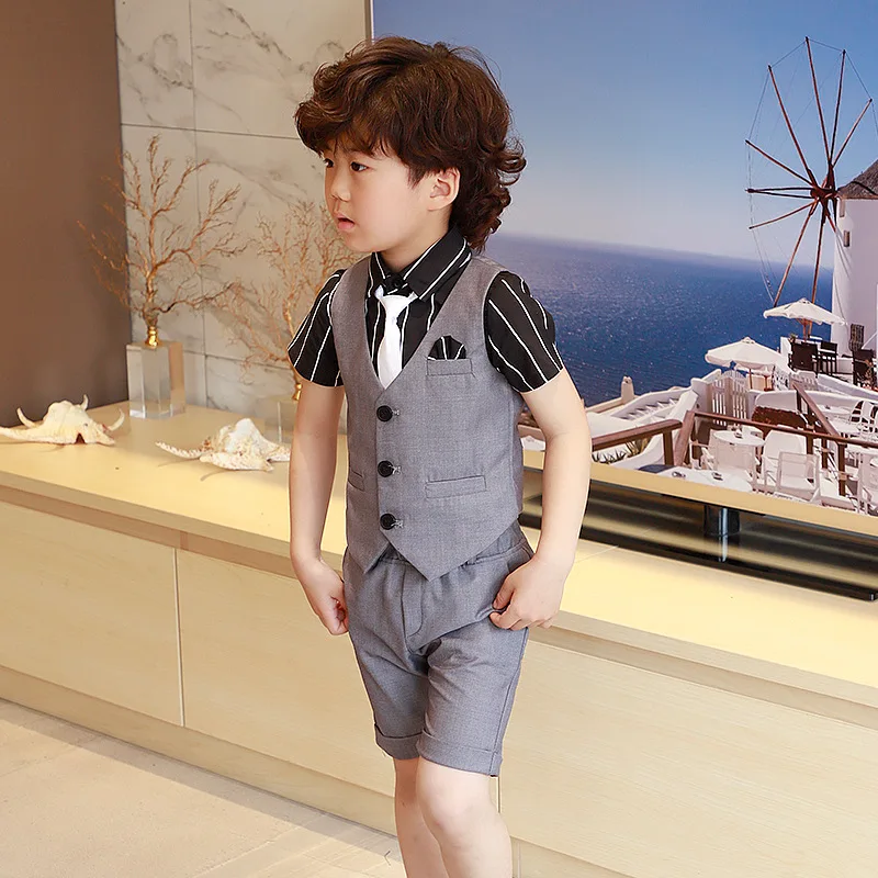 

Flower Boys Summer Suit Gentleman Kids Vest Short 2Pcs Clothing Set Children Formal Birthday Party Wedding Performance Costume