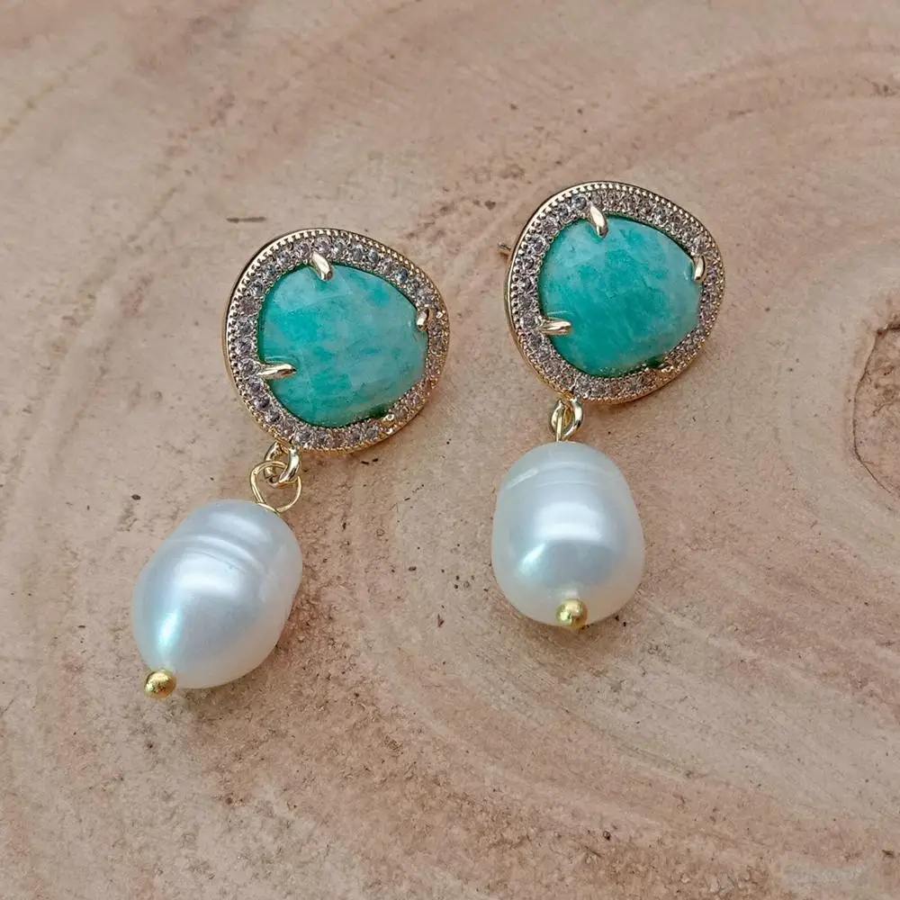 natural White Rice freshwater Pearl natural Green stone Cz mirco Pave Stud Earrings push back  Earrings Party Jewelry Gift