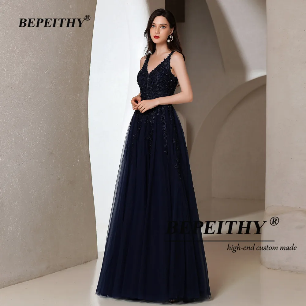 BEPEITHY Customized Navy Blue Long Evening Dresses For Women 2023 V Neck Sleeveless Prom Dress For Womens Elegant Luxury Gowns