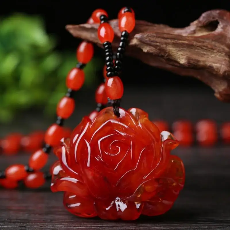 Red Rose Flower Pendant Stone Beads Necklace for Women Elegant Party Banquet Jewelry