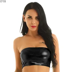 Women Sexy PU Leather Tube Tops Lady Off Shoulder Strapless Crop Top Blouse Shirt