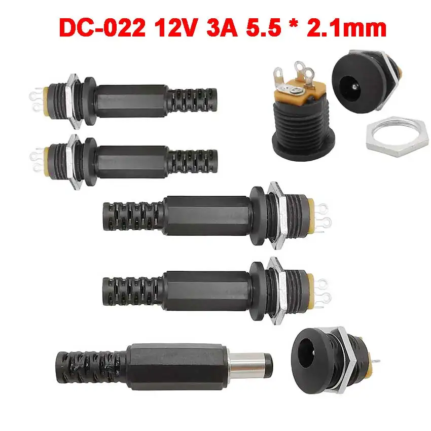 100PCS (50Pairs) 12V 3A 5.5 x 2.1mm Plastic Male Plugs DC022 DC Power Socket Female Jack Screw Nut Panel Mount Connector