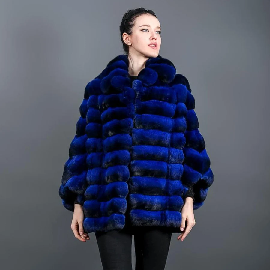 CNEGOVIK Blue Fur Coat Women Real Rex Rabbit Fur Jacket Winter Fashion Bat Type Warm Stand Collar Overcoat