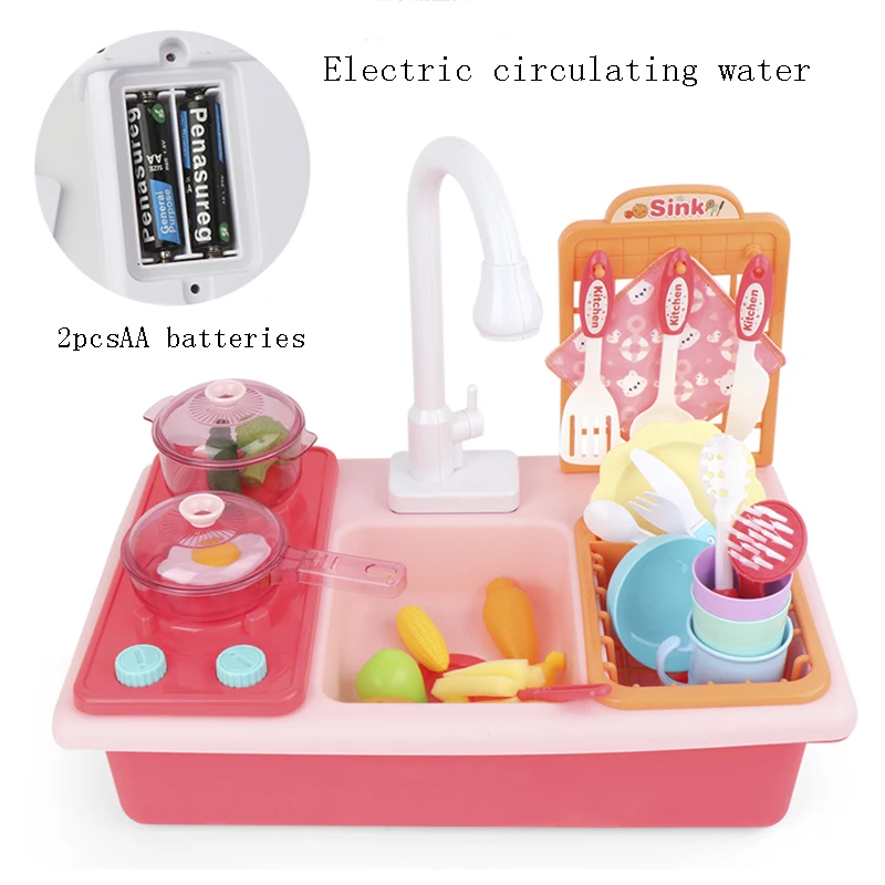 Kids Kitchen Simulation Toy Electric Sink Mini Kitchen Food Cutting and Washing Role-playing Pretend Game Toy Gift for Girl Boy