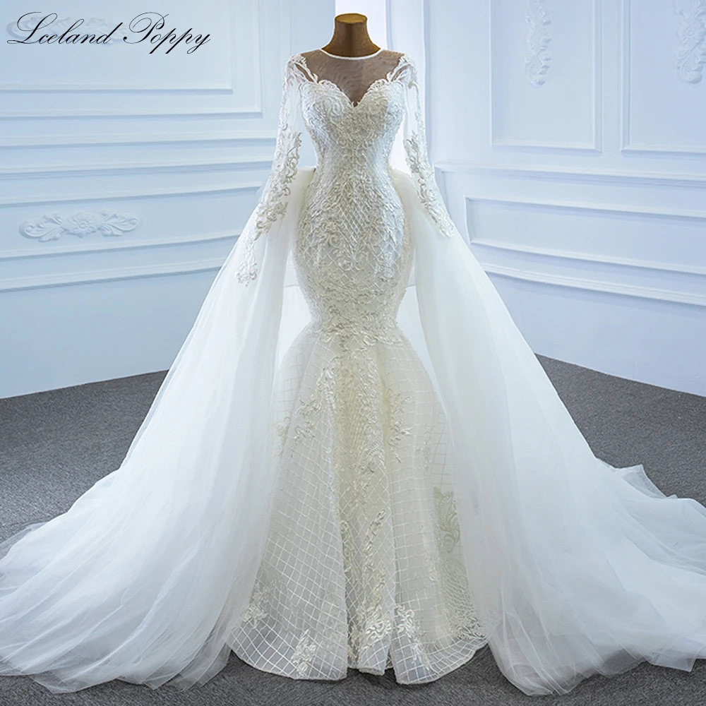 Lceland Poppy Customized Scoop Neck Mermaid Lace Wedding Dresses Long Sleeves Beaded Bridal Gowns with Detachable Train