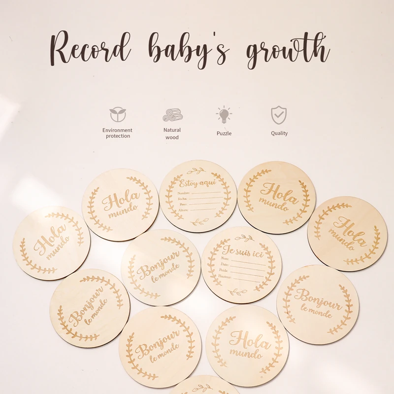 Bopoobo Baby Wooden Spanish French Milestone Card Engraved Wooden Hello World Milestone Newborn Children Photography Props Toys