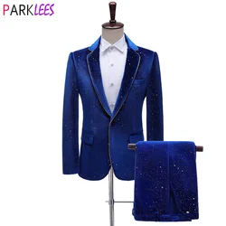 Traje de esmoquin de terciopelo azul real para Hombre, vestido de novio de boda, pantalones, solapa de pico de un botón, Traje de fiesta de cena