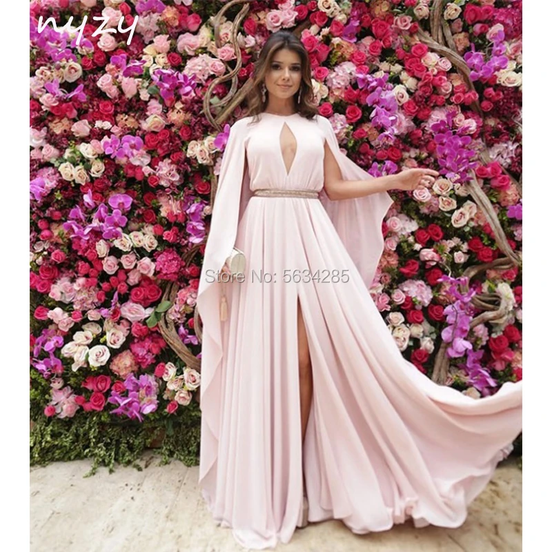 

Elegant Cape Cloak Sleeves Chiffon Pink Evening Dresses Long 2020 NYZY E18 Red Carpet Celebrity Evening Gown Formal Dress Party