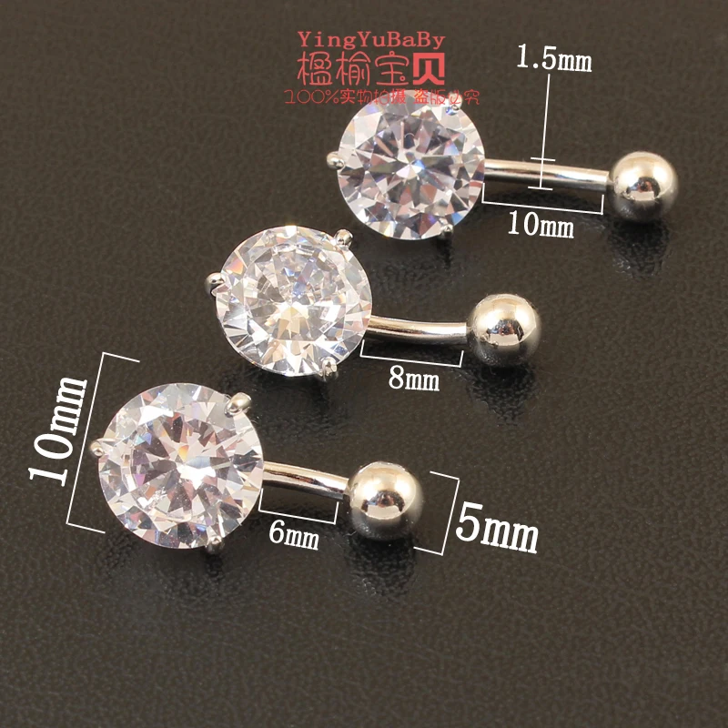 Belly button ring real 925 sterling silver prong 10mm zircon clear stone body jewelry free shipping navel ring piercing jewelry