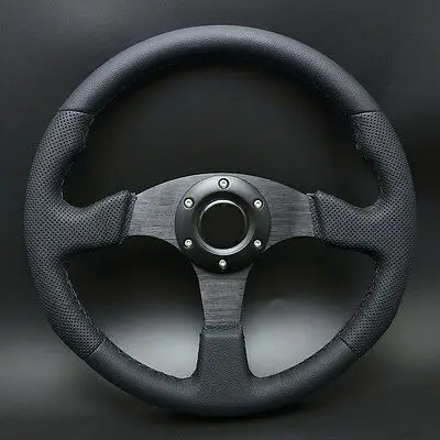 Wotefusi 350mm Racing Steering Wheel Genuine Leather Flw/ Horn Button Black Stitch