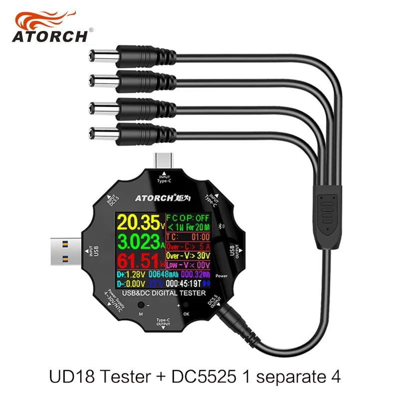 Digital USB Voltímetro, Amperímetro, Tensão Medidor de Corrente, Detector, Notebook Power Bank Carregador, UD18, DC5.5, DC5525