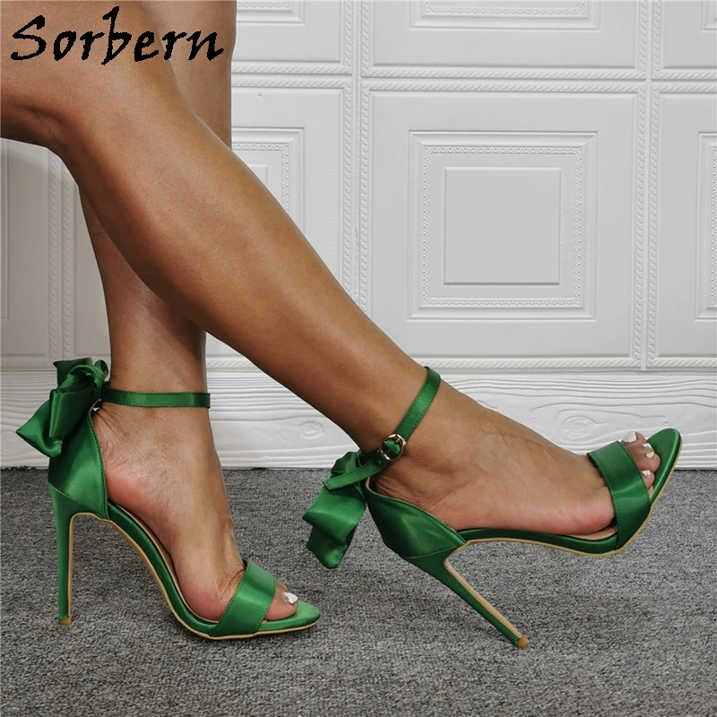 

Sorbern Green Sandal High Heel Ankle Strap Bowknot Straps Back Party Heels Stilettos Woman Heel 2020 Fashion Fabric Satin Shoe