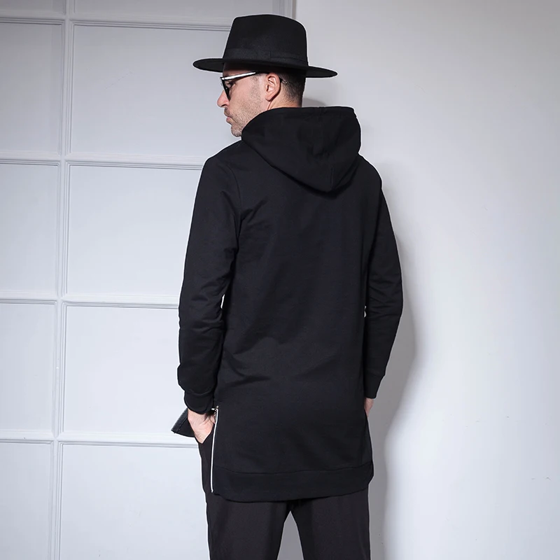 European and American street style solid color hooded long-sleeved hood side zipper mid-length slim-fitting jacket male versatil