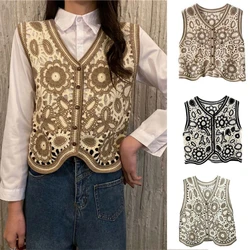 Women Vintage Hollow Out Crochet Crop Vest Embroidery Floral Sleeveless Jacket