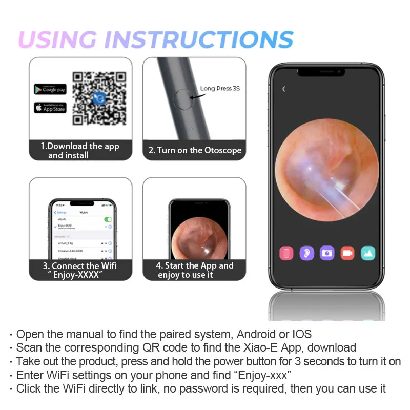 Wireless Smart Ear Wax Removal 360° Visual Ear Pick Lighted Ear Canal Cleaner Otoscope Flexible Design Ear Care Tools NP20