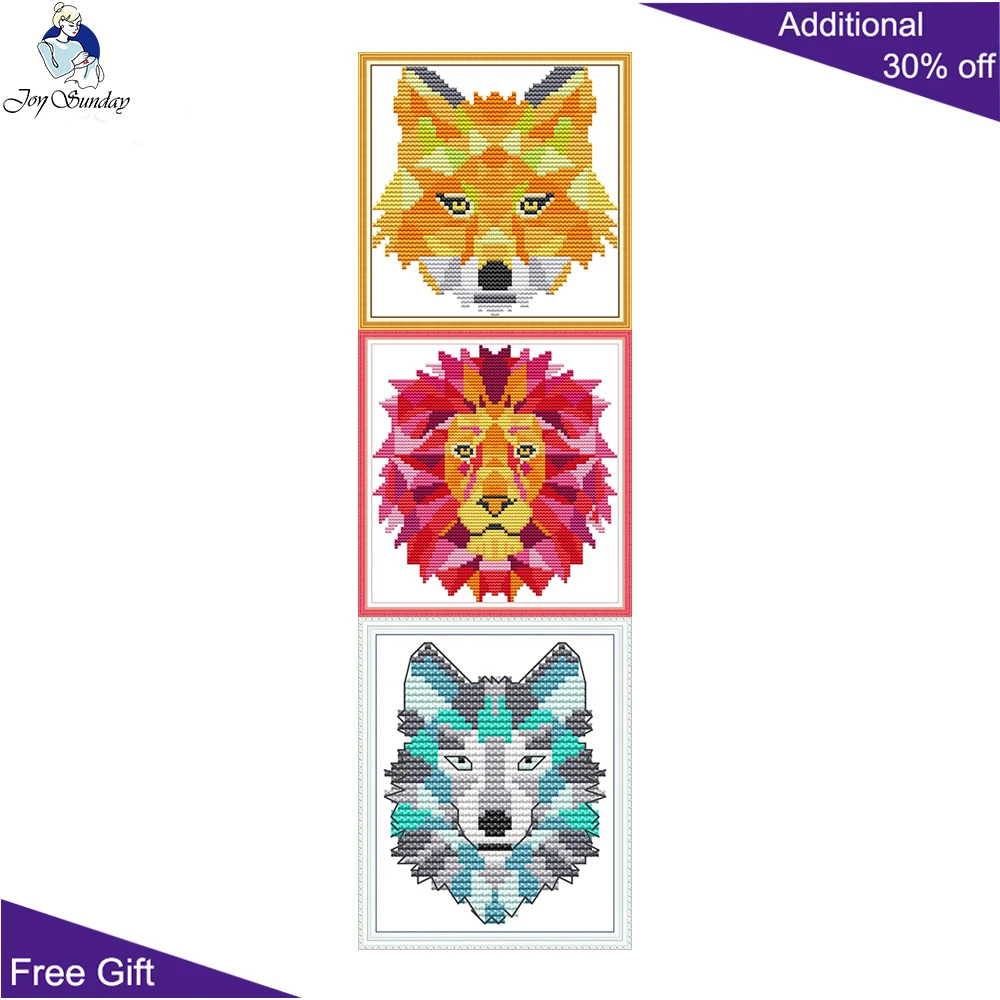 Joy Sunday Colorful Animal Counted Stamped Cross Stitch Kits, Abstract Animal, Fox, Wolf, Lion, DA418, DA419, DA420, 14CT, 11CT