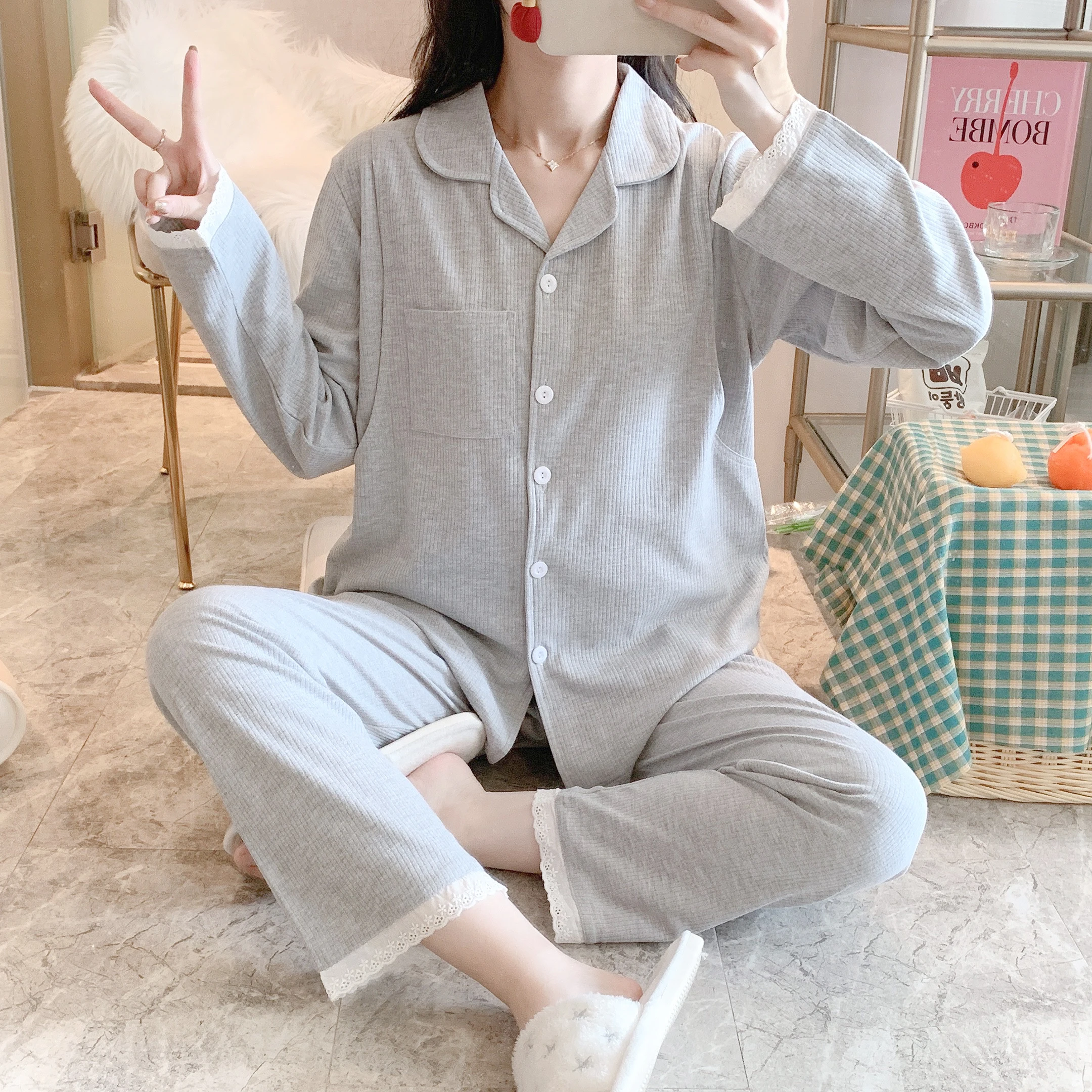 Autumn Long Sleeve Cotton Maternity Nursing Sleepwear Sets Breastfeeding Pajamas Suits Clothes for Pregnant Women Pregnancy Home