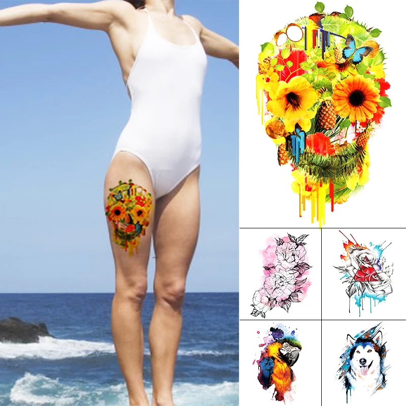 1PCS Temporary Tattoo Sticker Flower Fox Parrot Totem Large Arm For Men Women Body Art Sticker