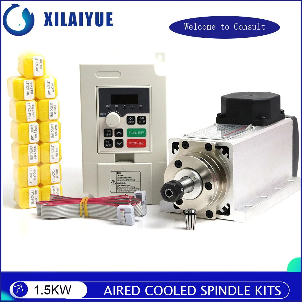 New CNC 1.5KW Air-Cooled Spindle Kits 1500W 220V/110V Square Air Cooling Spindle Motor+1.5KW VFD Inverter+13pcs/Set ER11