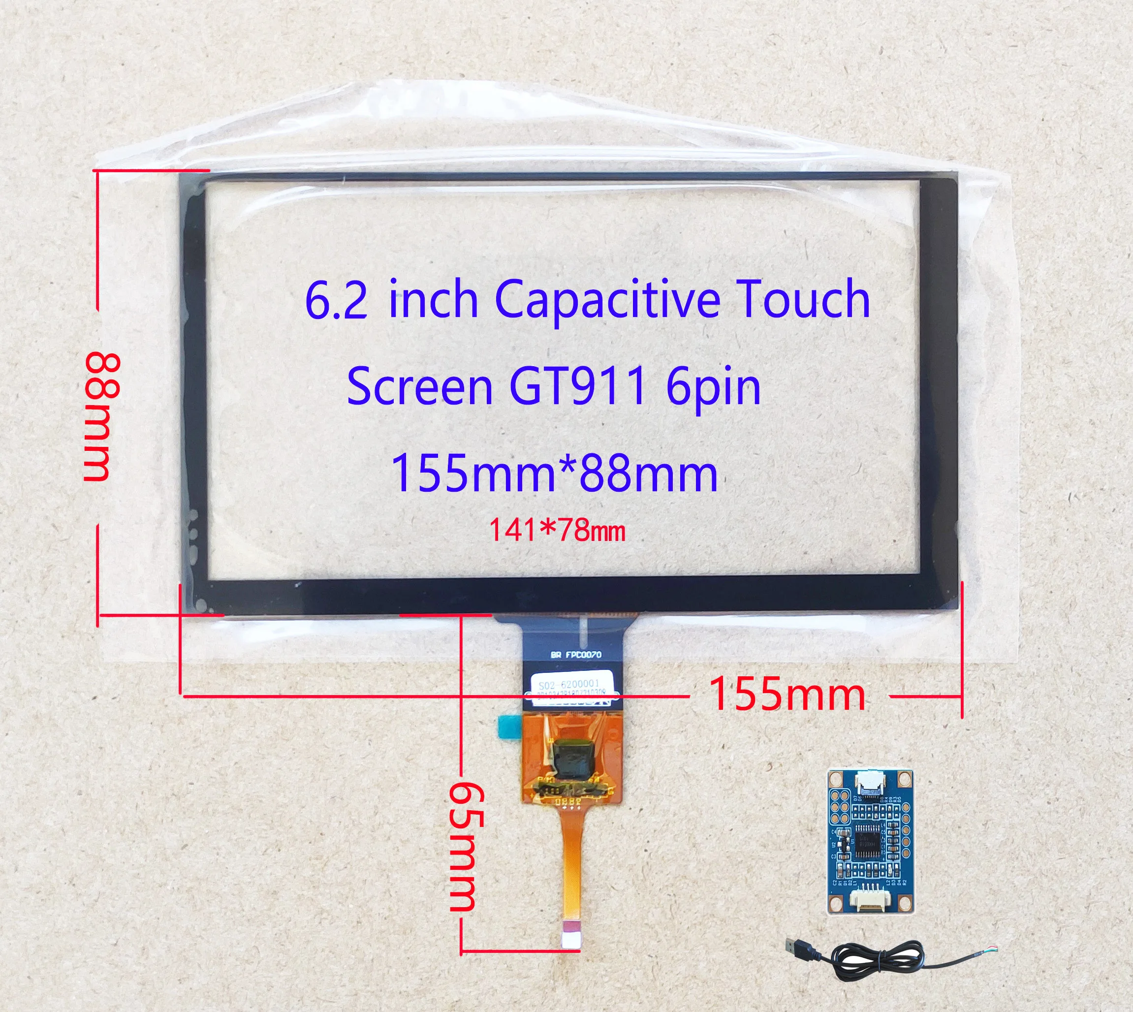 6.2  inch Car Radio Touch Screen Sensor Digitizer  with USB Driver board controller  Win7 8 10 Rasbian 155*88mm