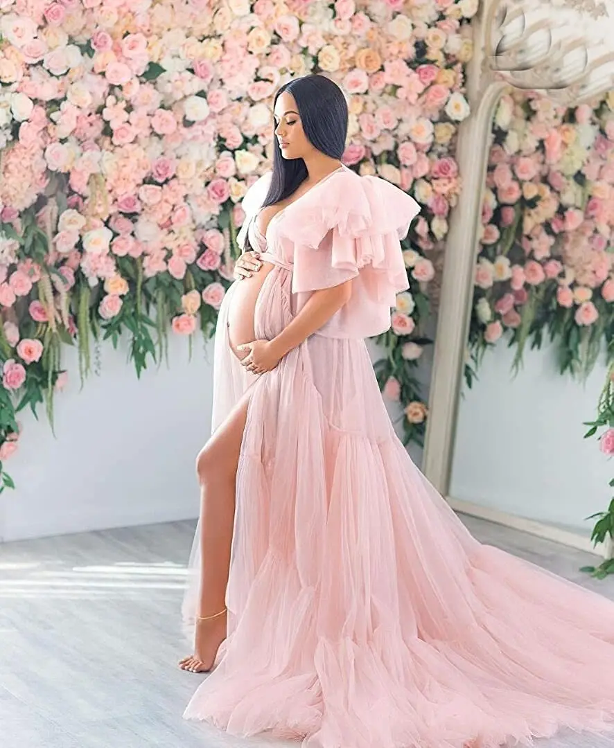 Materinty Photoshoot Pregnant Women Robe Bridal Shawl Corset Dress Puffy Sleeves Fluffy Multilayer Fotografie Gowns with Belt