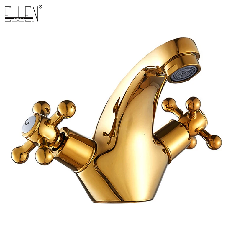 

ELLEN Gold Bathroom Sink Facet Dual Handle Hot Cold Water Mixer Crane Tap Deck Mounted Single Hole Basin Faucets EL7429