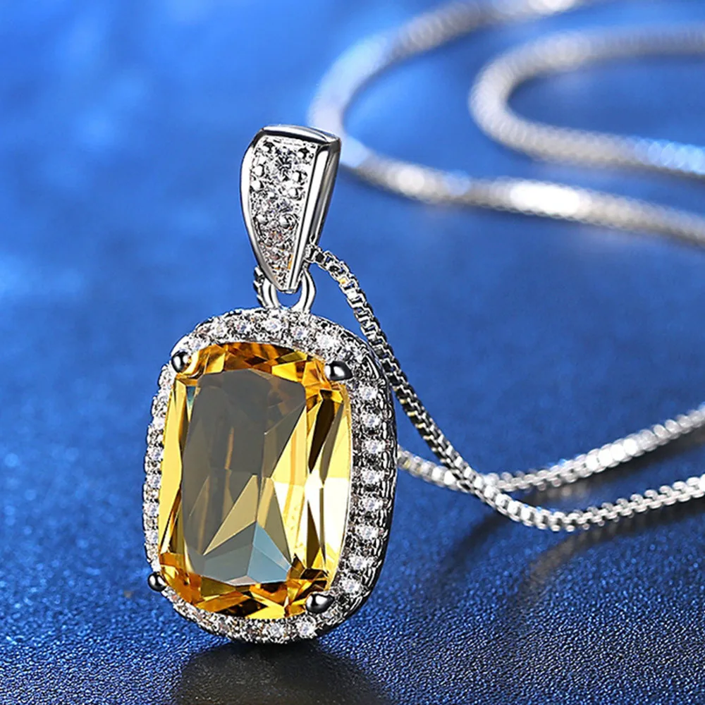 Gemstone Citrine pendant necklace women yellow crystal luxury zircon diamonds white gold silver color choker party jewelry gift