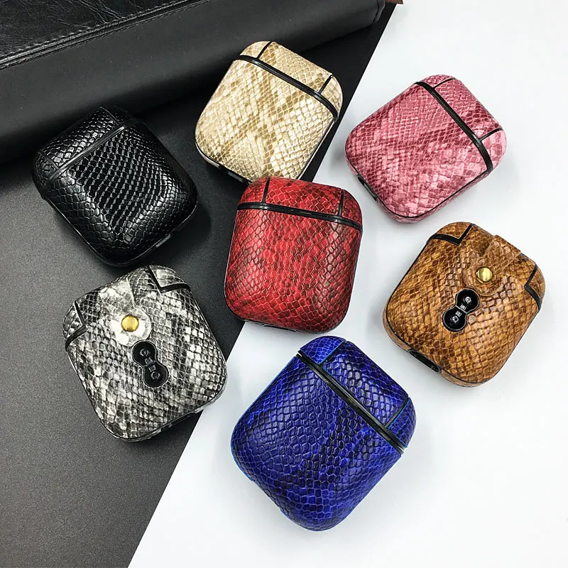 Luxury Snake Skin PU Leather Earphone Case For Apple AirPods Shockproof Protective Headphone Cover For AirPods 1 2 Charging Case