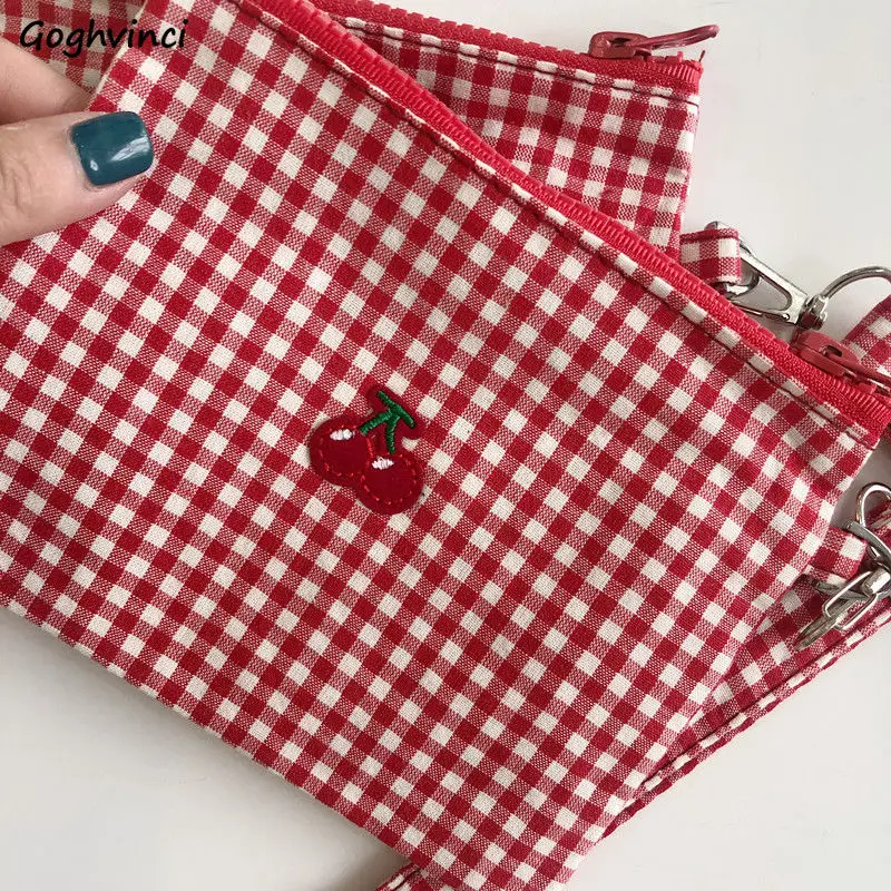 Coin Purses Plaid Cherry Embroidery Canvas Bag Kawaii Wallet Pan Purse Zipper Simple Travel Storage Chic Fashion Ins Harajuku