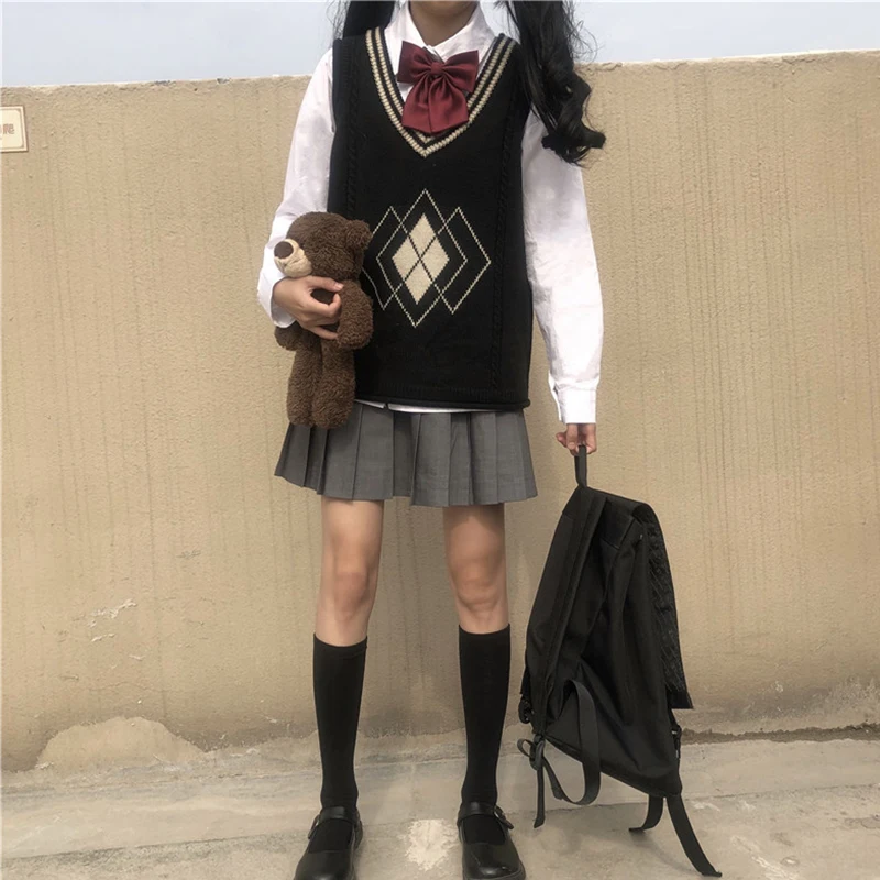 Academic Style Suit Coat + Knitted Sleeveless Vest + Long-Sleeved Shirt JK  japanese school uniform  school girl outfit