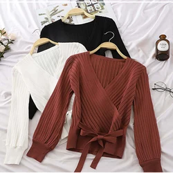 LJSXLS Autumn Winter Elegant Bow Knitted Sweater Woman V-Neck Pullovers Sweaters Long Sleeve Slim Jumper 2023 Women Clothing