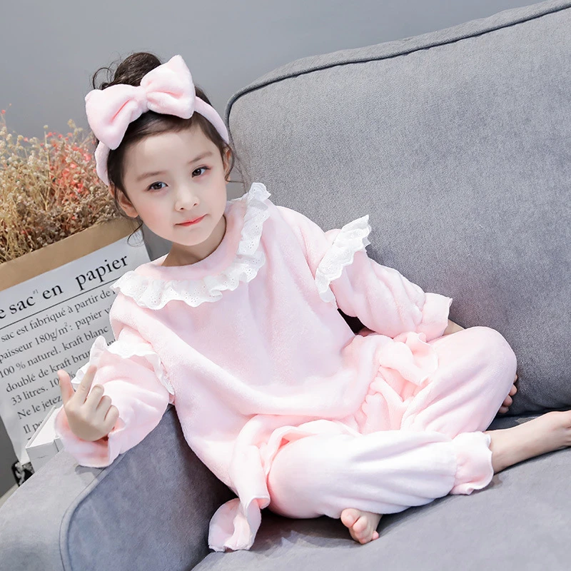 Autumn Winter Flannel Girls Sleepwear Pajamas Children Solid Color Pajama Set Pullover Coral Fleece Pijamas Mujer Home Suits