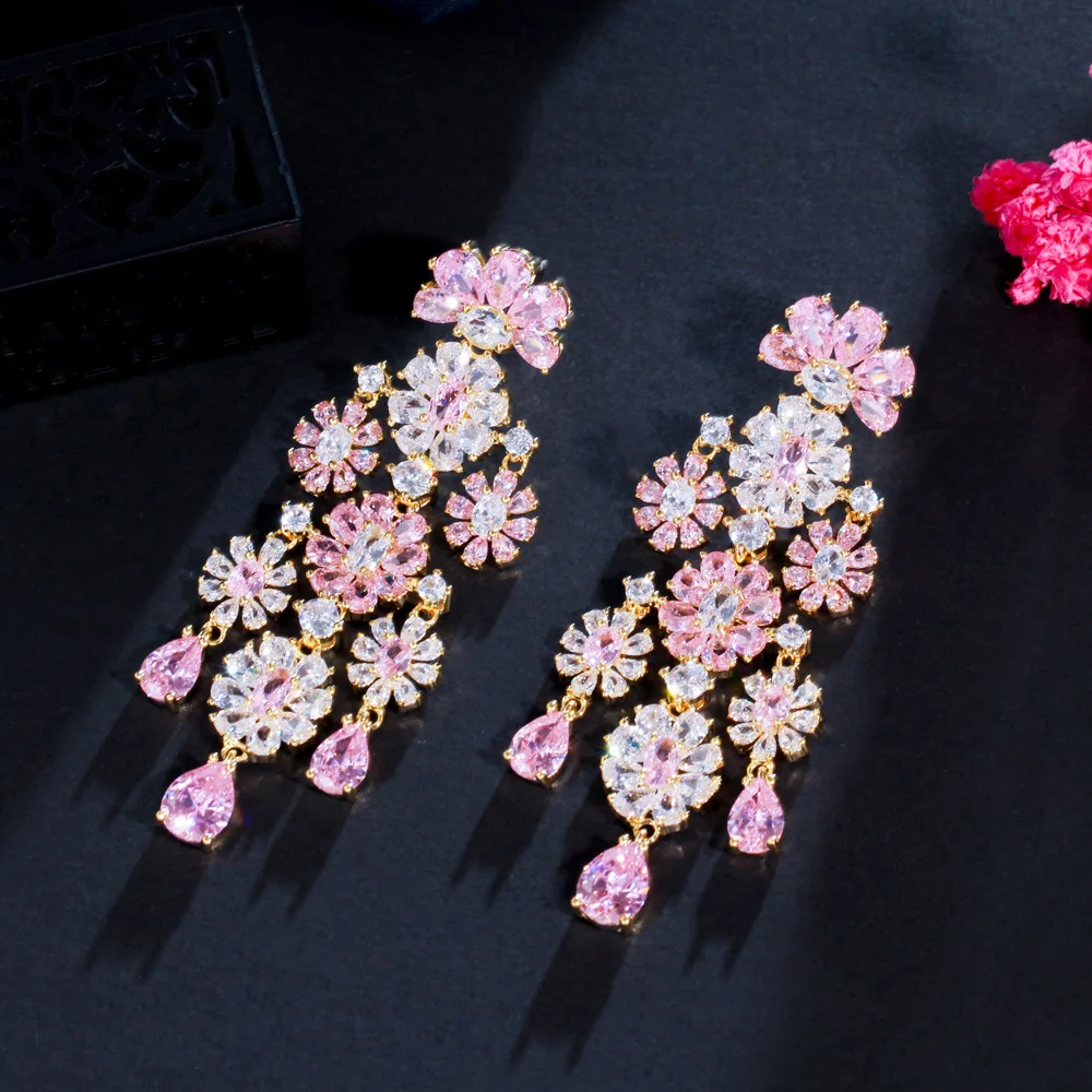 CWWZircons Long Tassel Flower Drop Pink Cubic Zirconia Stone Large Women Party Costume Wedding Earrings Jewelry for Brides CZ996