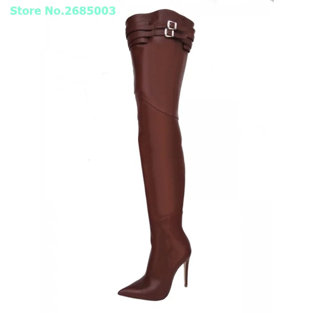 Brown Buckle Thigh High Boots Pointed Toe Thin High Heels Side Zipper Solid Leather Autume Winter Boots Women Party Dress Shoes