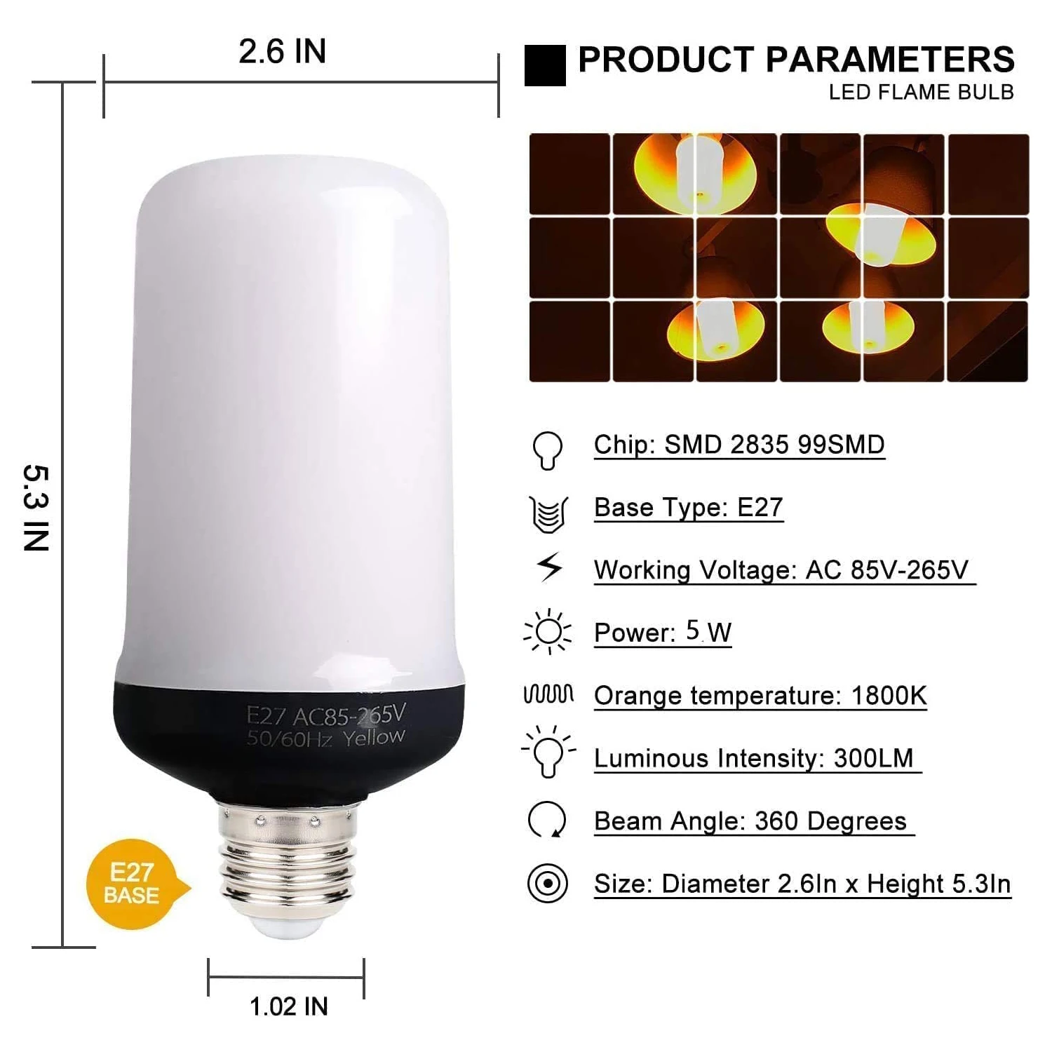 E27 LED Flame Bulb Fire E26 B22 Lamp Corn Bulb Flickering LED Light Dynamic Flame Effect 5W 85V-265V for Home Lighting