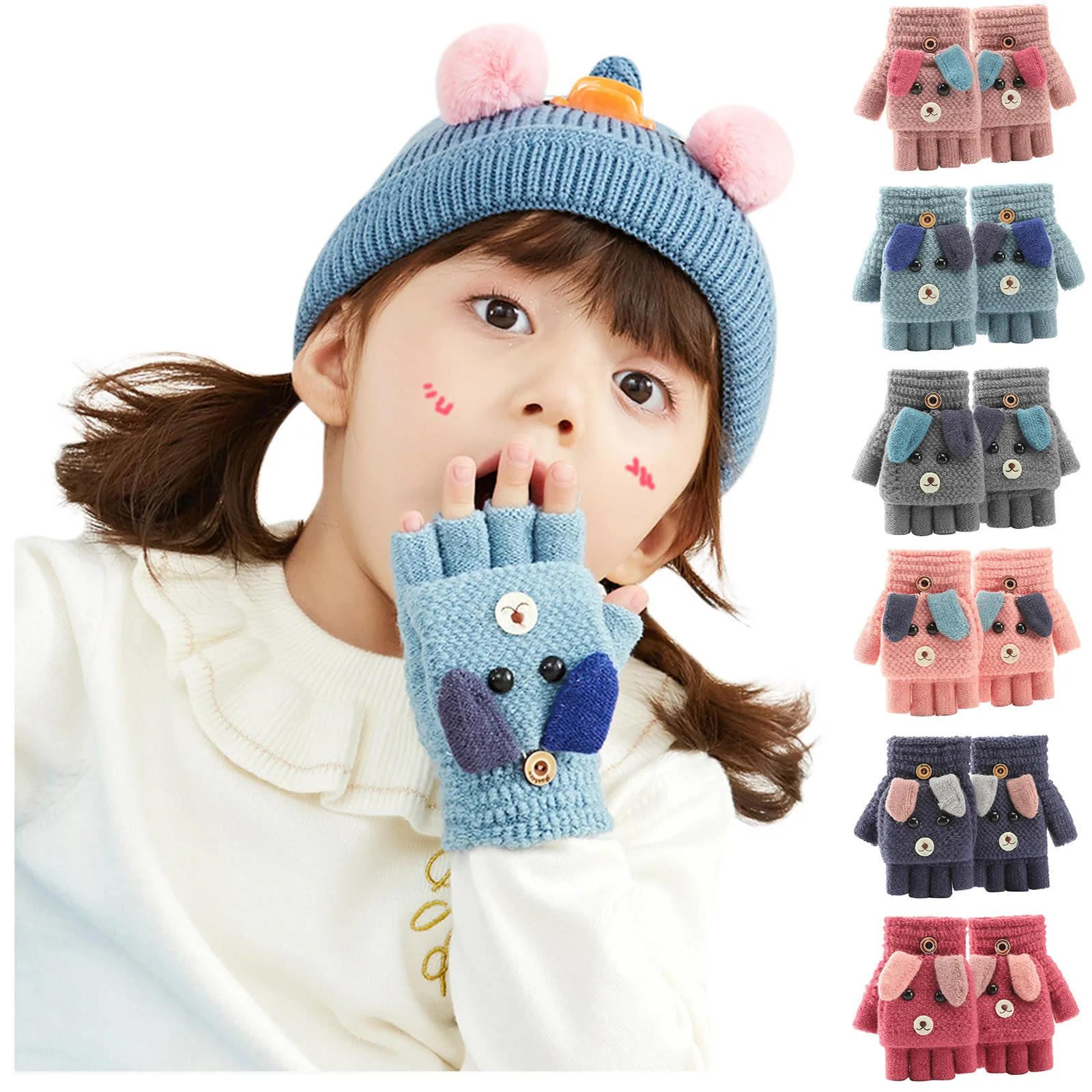 Soft Convertible Flip Top Gloves Kids Baby Winter Warm Knit Fingerless Mitten Cartoon Knit Fingerless Mitten Flip Top Des Gants