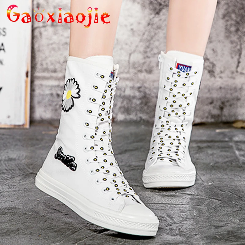 2021 Spring Autumn Middle Tube Canvas Daisy Decoration Side Zipper Women Shoes Soft Bottom Casual Fashion Comfortable Flat Shoes